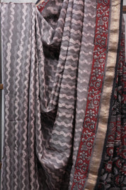 Grey HBP Chanderi Cotton Silk Saree With Maheshwari Border - SRGCS1115