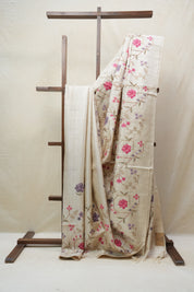 Cream Machine Embroidered Tussar Silk Saree - SRCMETSS1448