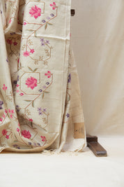 Cream Machine Embroidered Tussar Silk Saree - SRCMETSS1448