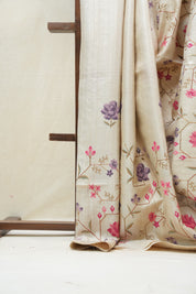 Cream Machine Embroidered Tussar Silk Saree - SRCMETSS1448