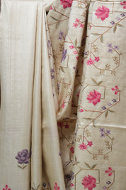 Cream Machine Embroidered Tussar Silk Saree - SRCMETSS1448