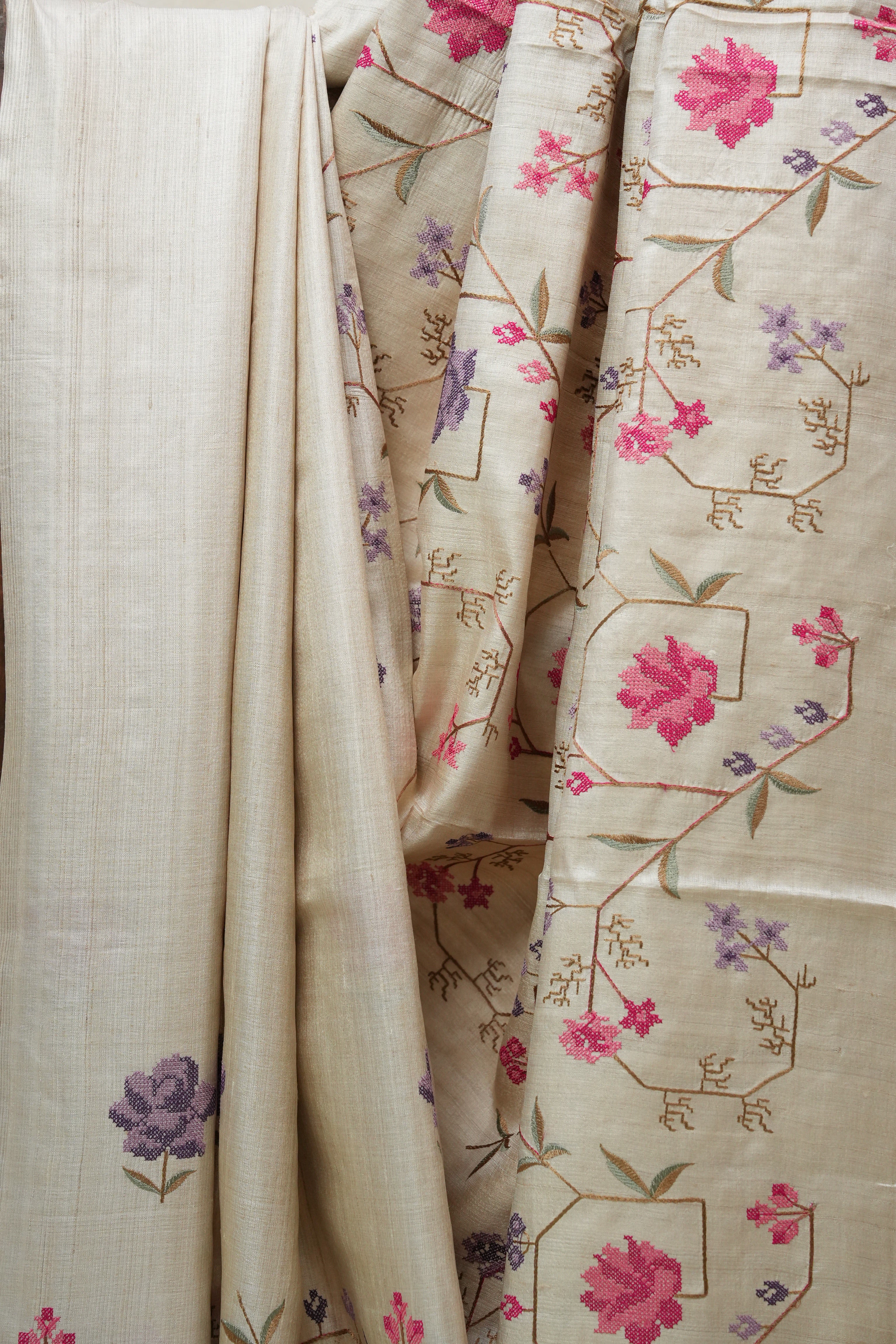 Cream Machine Embroidered Tussar Silk Saree - SRCMETSS1448