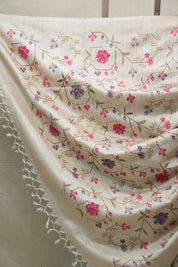 Cream Machine Embroidered Tussar Silk Saree - SRCMETSS1448