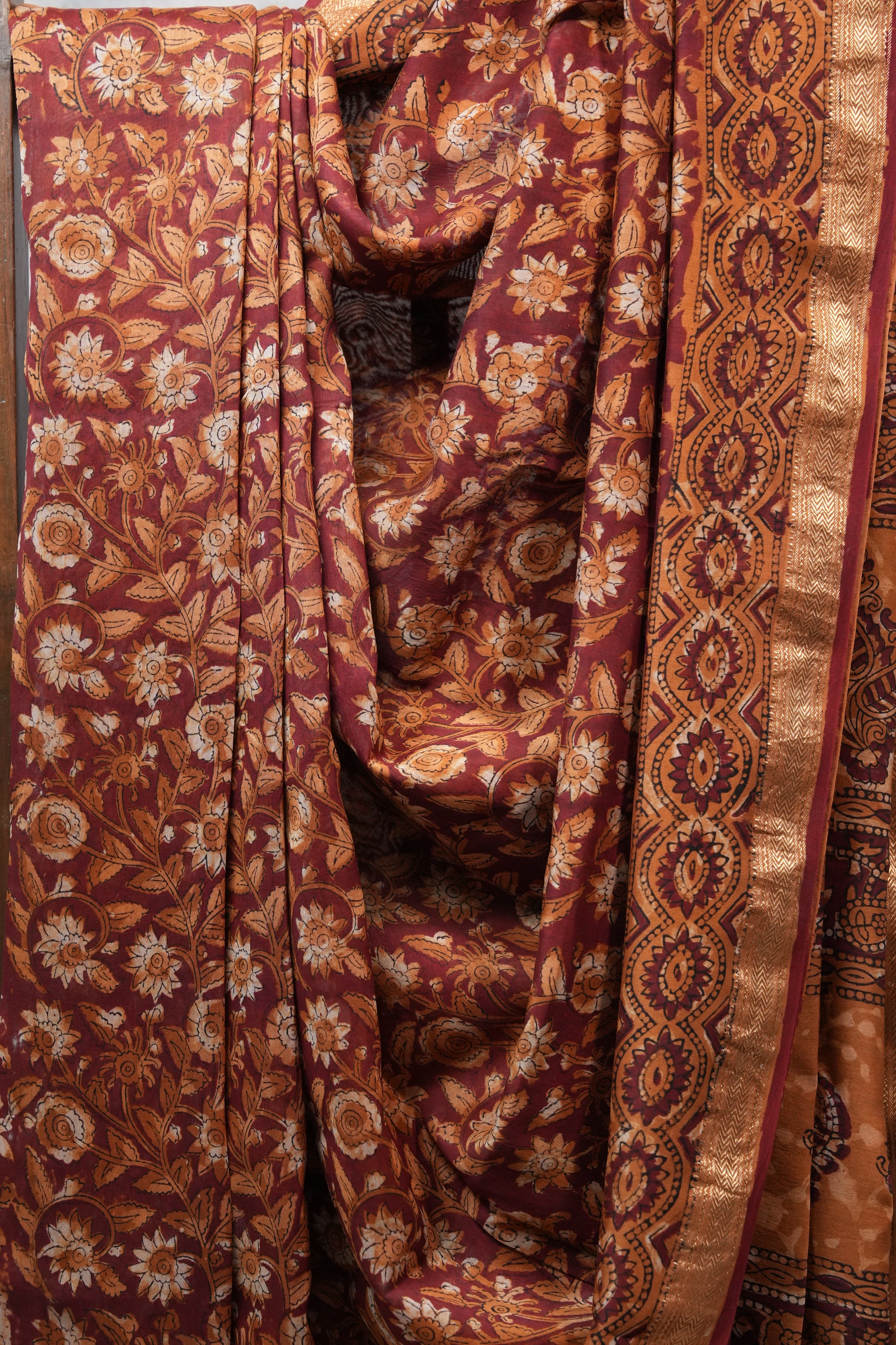 Maroon HBP Chanderi Cotton Silk Saree With Maheshwari Border - SRMCS1106