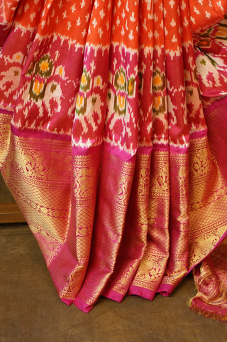 Pochampalli Silk Ikat Orange Saree With Pink Border