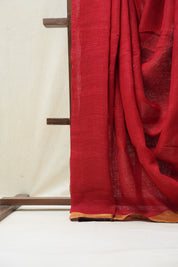 Red Plain Linen Saree With Tassels - SRRPLS265