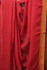 Red Plain Linen Saree With Tassels - SRRPLS265