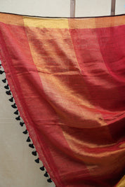 Red Plain Linen Saree With Tassels - SRRPLS265
