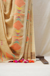 Light Brown Linen Jamdani Saree With Tassels - SRLBLJS363