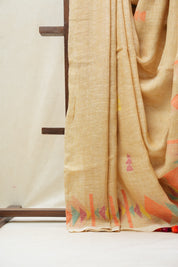 Light Brown Linen Jamdani Saree With Tassels - SRLBLJS363