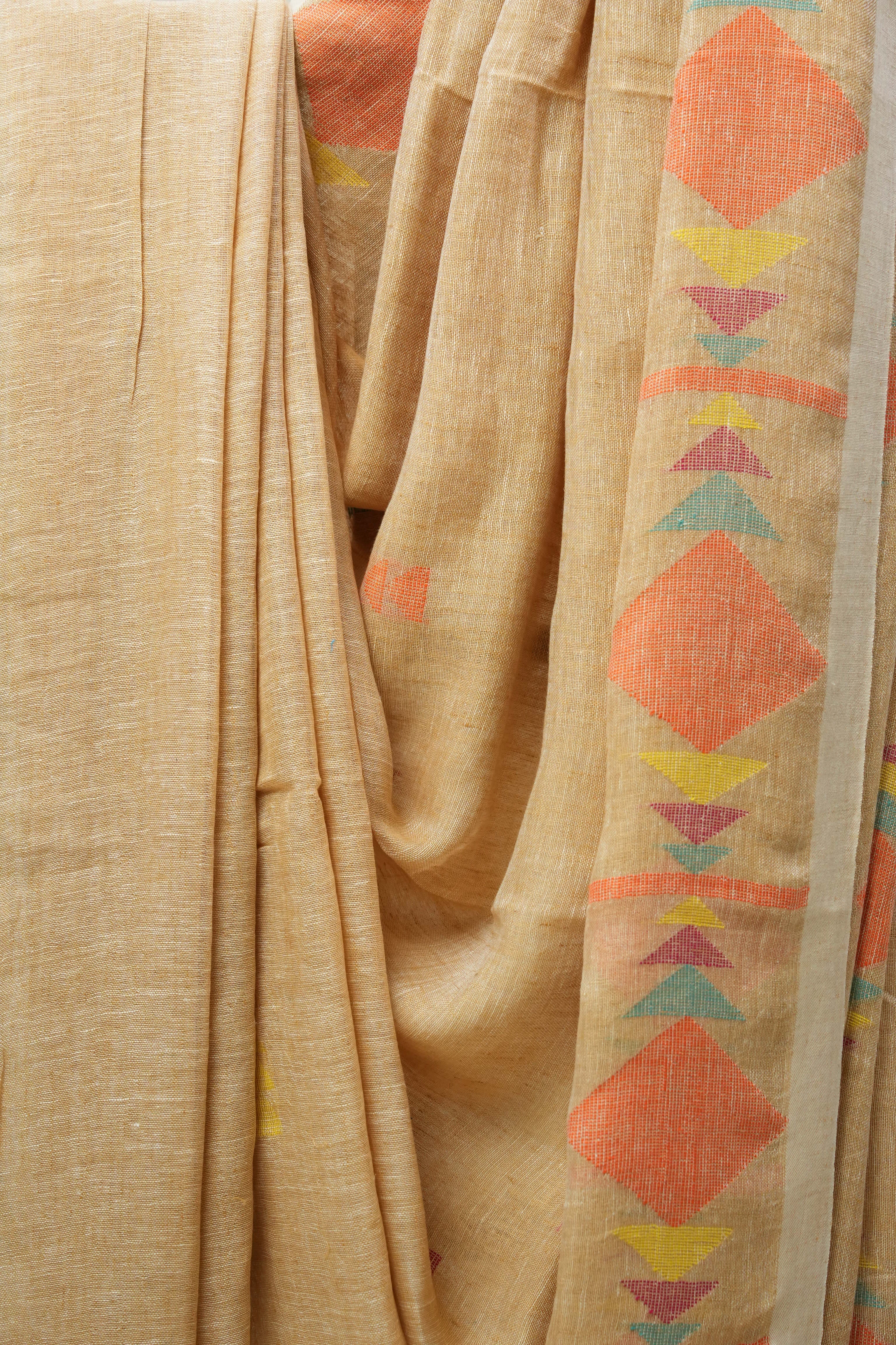 Light Brown Linen Jamdani Saree With Tassels - SRLBLJS363