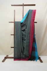 Dark Green Small Checks Cotton Patteda Anchu Saree - SRDGPAS257