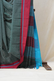 Dark Green Small Checks Cotton Patteda Anchu Saree - SRDGPAS257