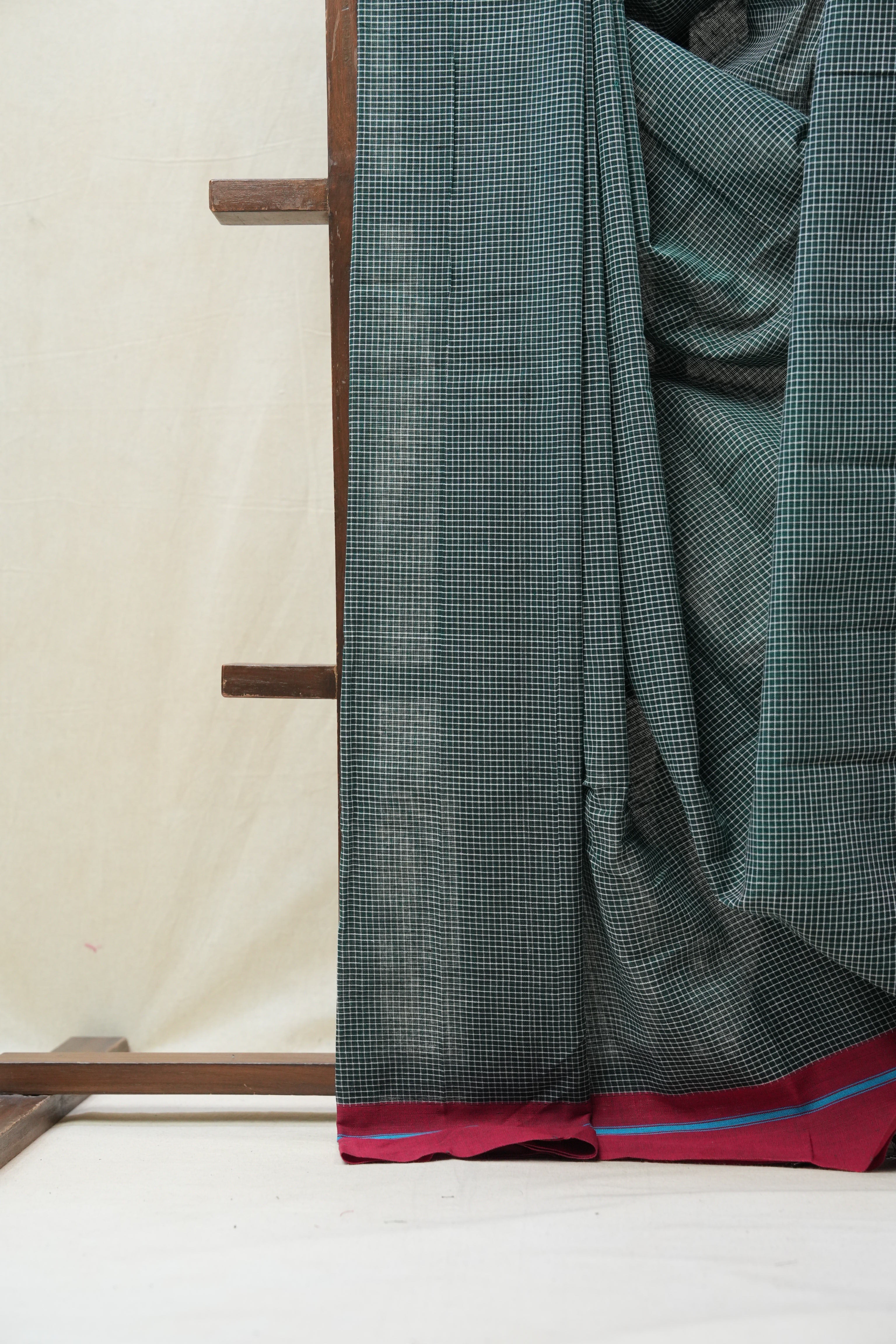 Dark Green Small Checks Cotton Patteda Anchu Saree - SRDGPAS257