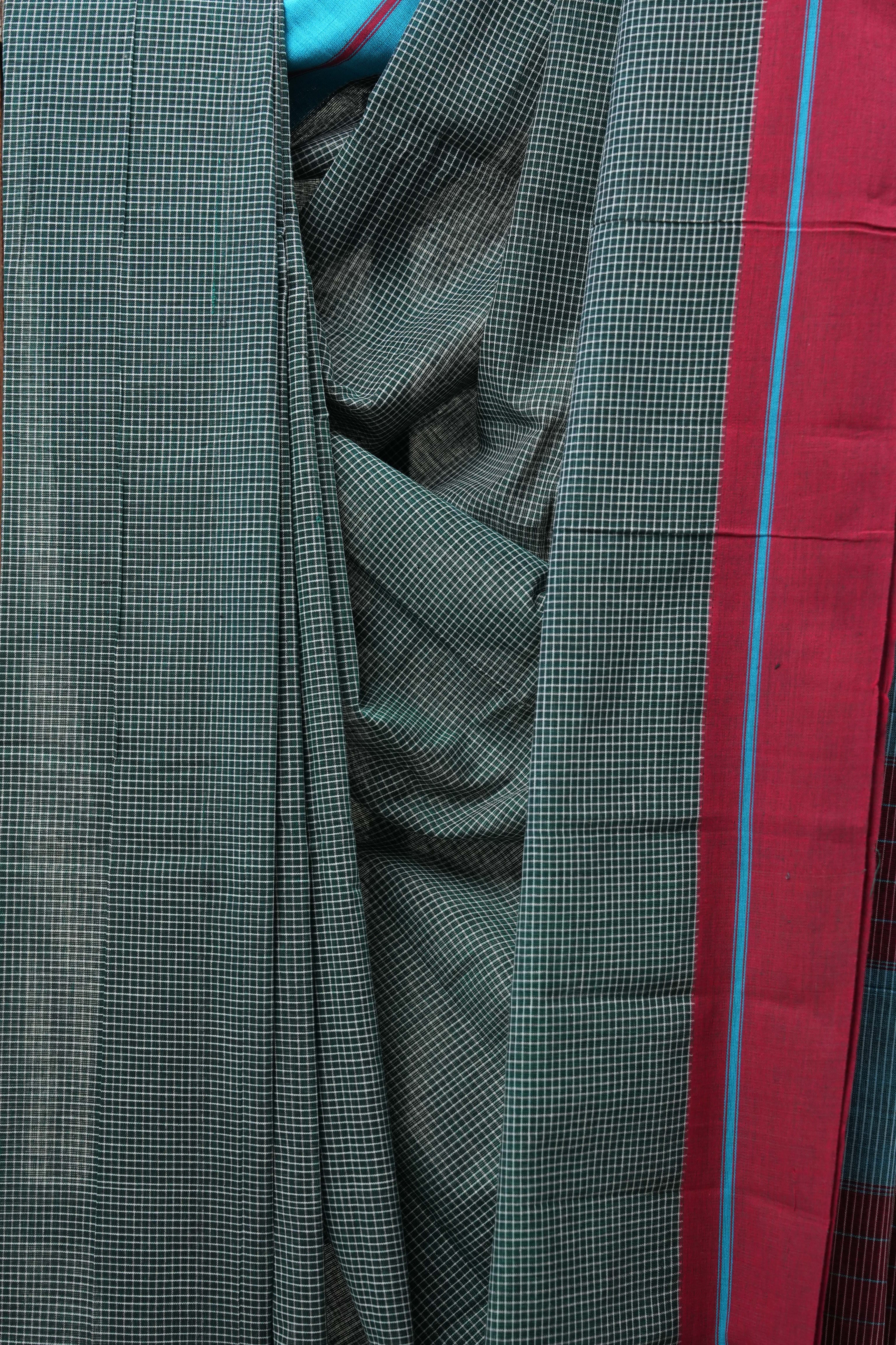 Dark Green Small Checks Cotton Patteda Anchu Saree - SRDGPAS257