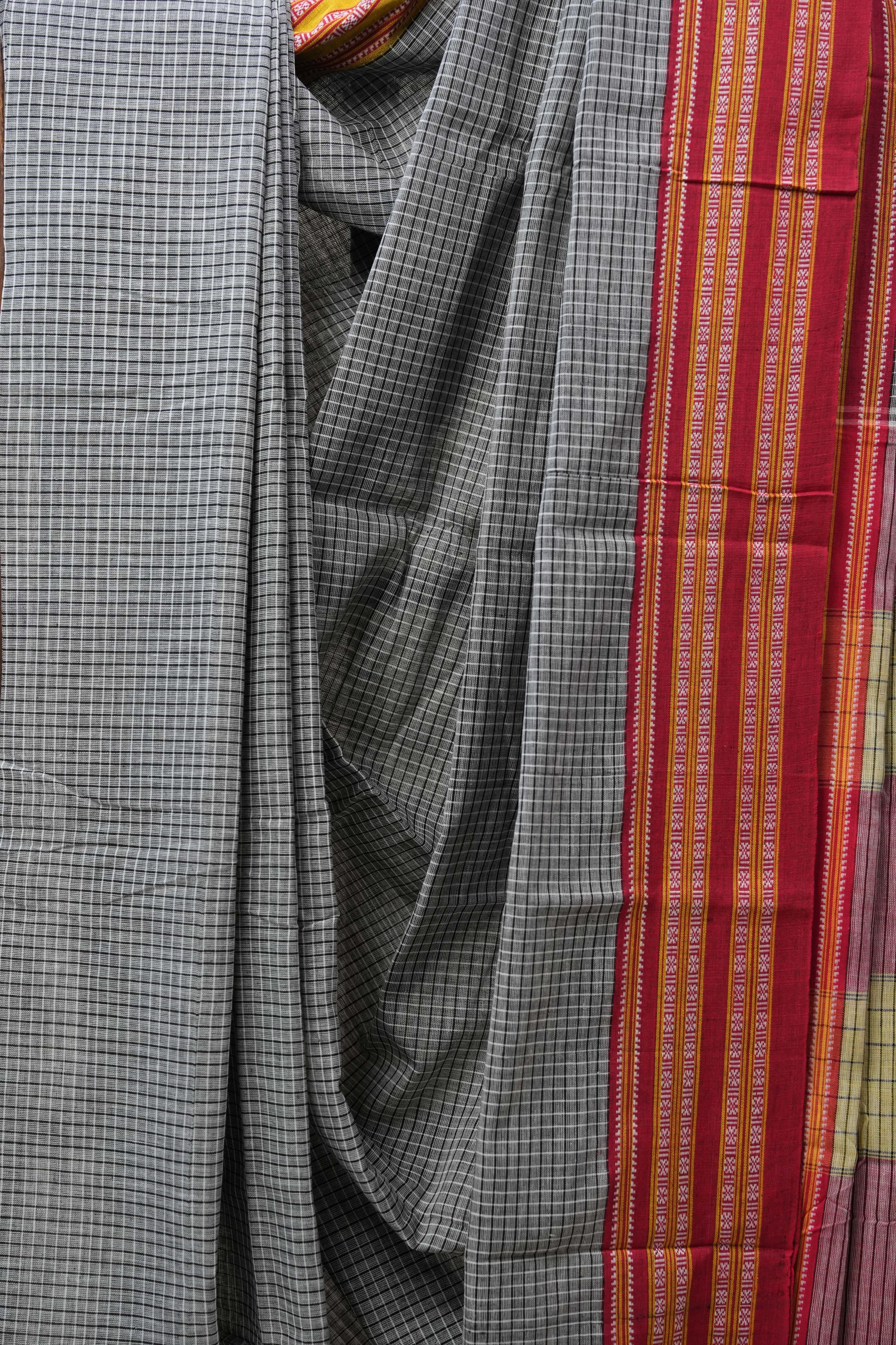 Grey Big Checks Cotton Patteda Anchu Saree - SRGPAS269