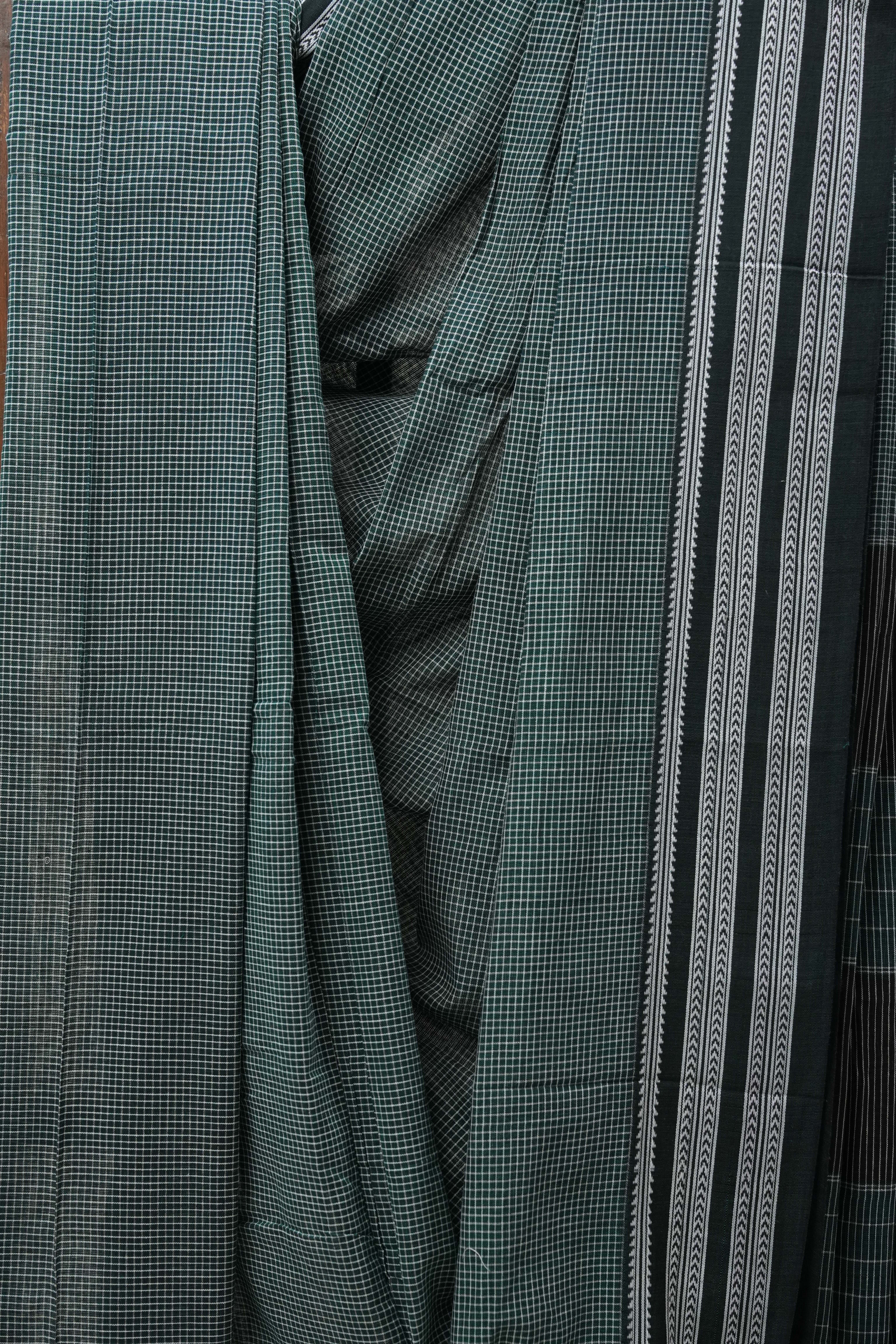 Dark Green Small Checks Cotton Patteda Anchu Saree - SRDGPAS254