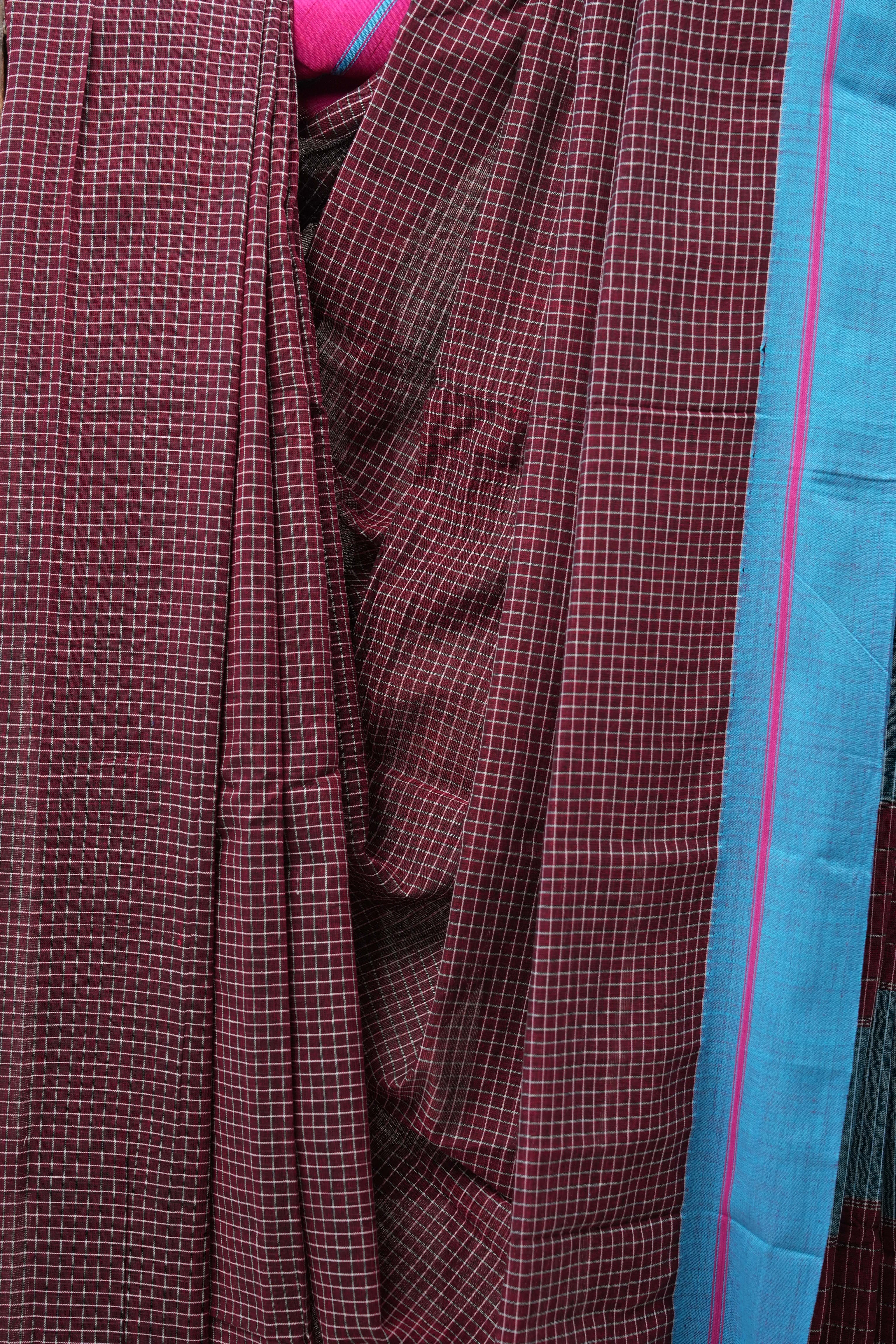 Maroon Big Checks Cotton Patteda Anchu Saree - SRMPAS231