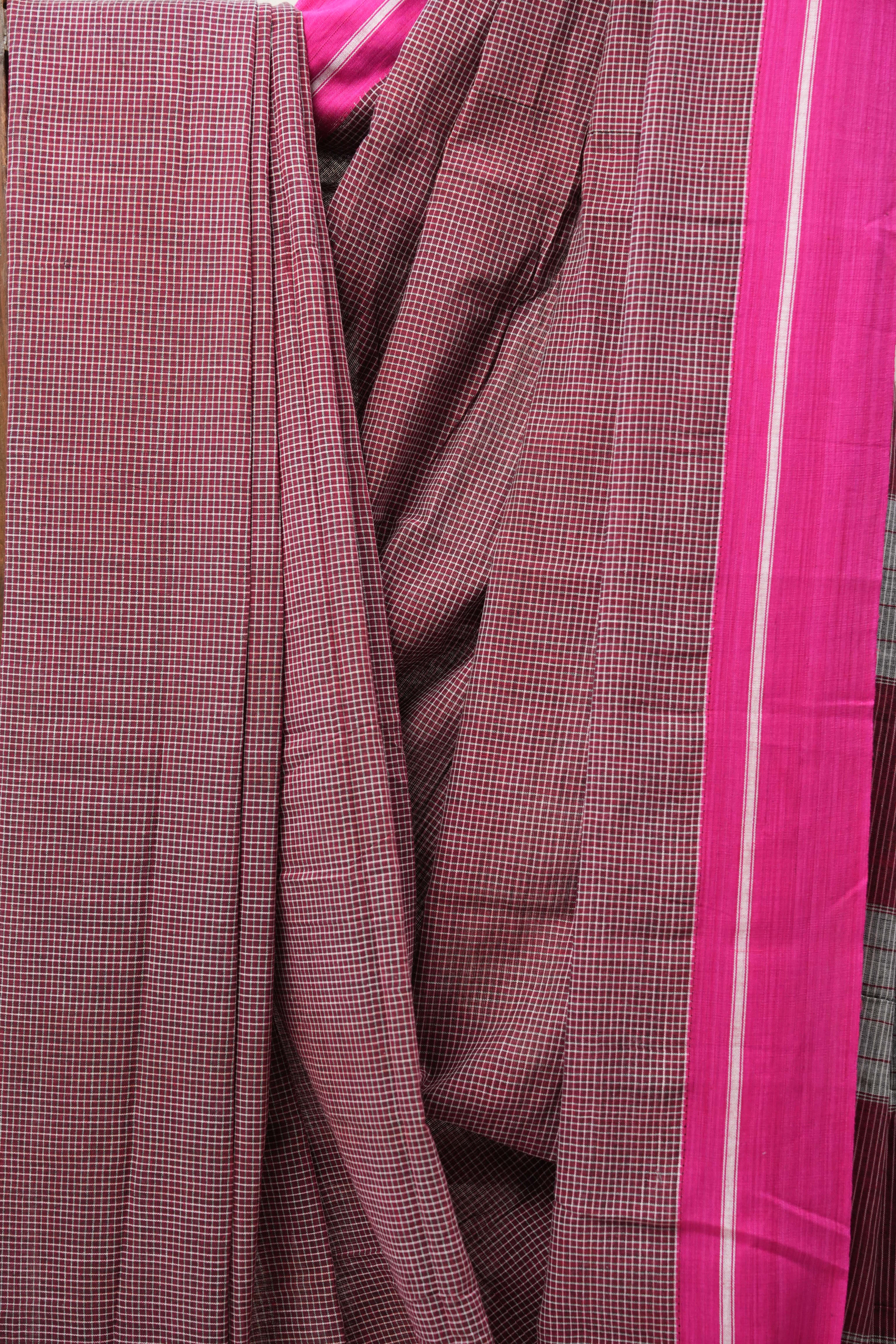 Maroon Small Checks Cotton Patteda Anchu Saree - SRMPAS268