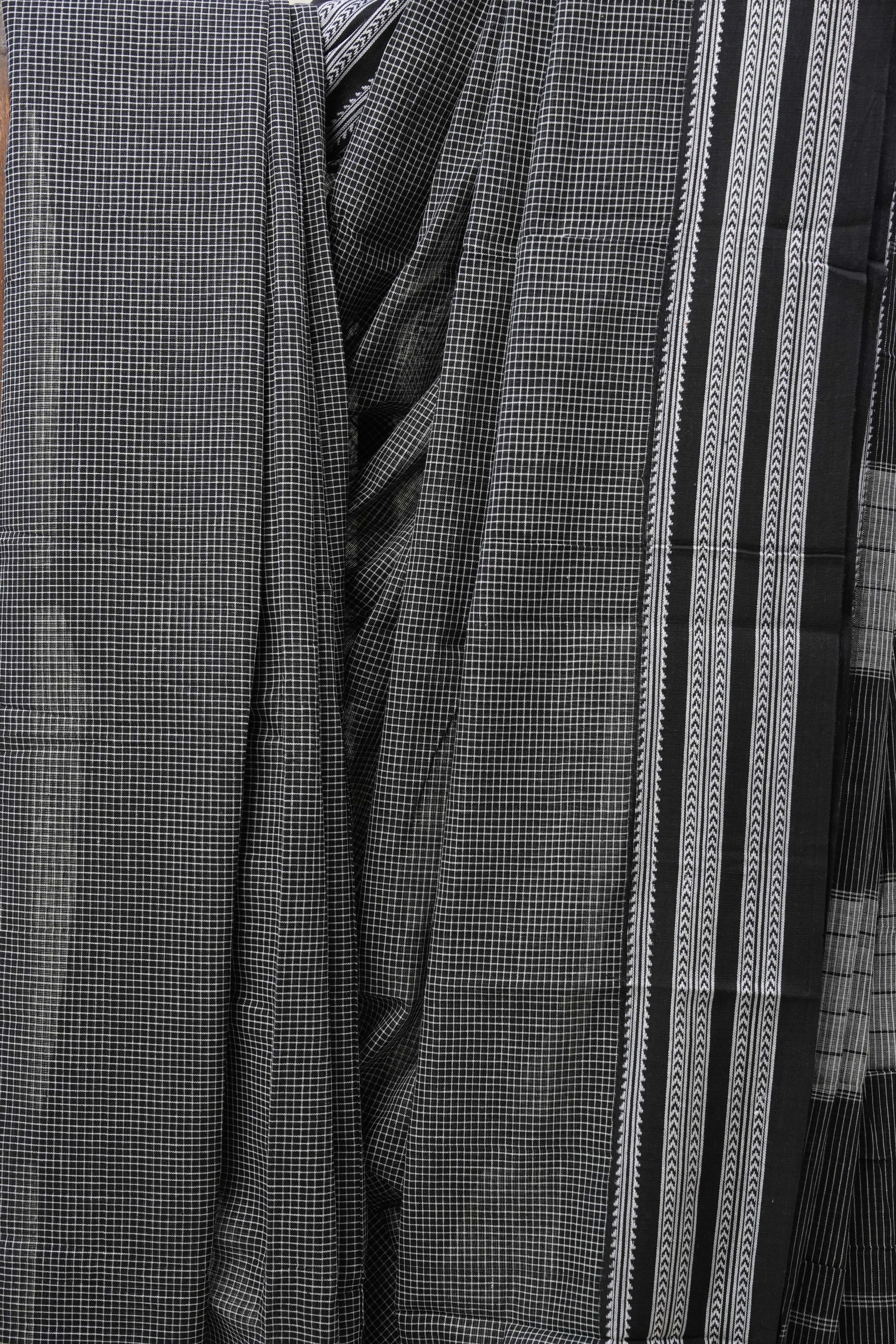 Black Small Checks Cotton Patteda Anchu Saree - SRBPAS270