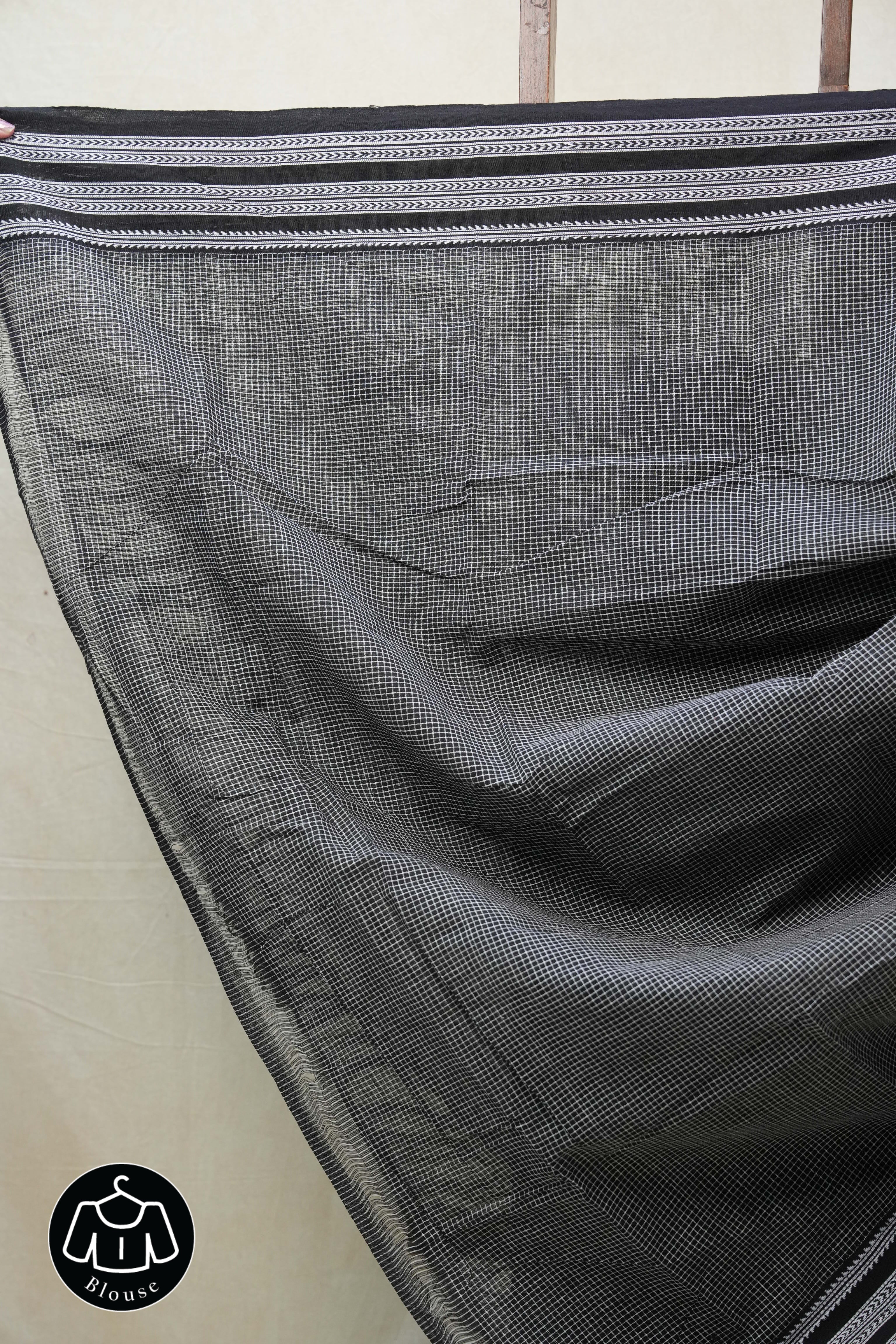 Black Small Checks Cotton Patteda Anchu Saree - SRBPAS270
