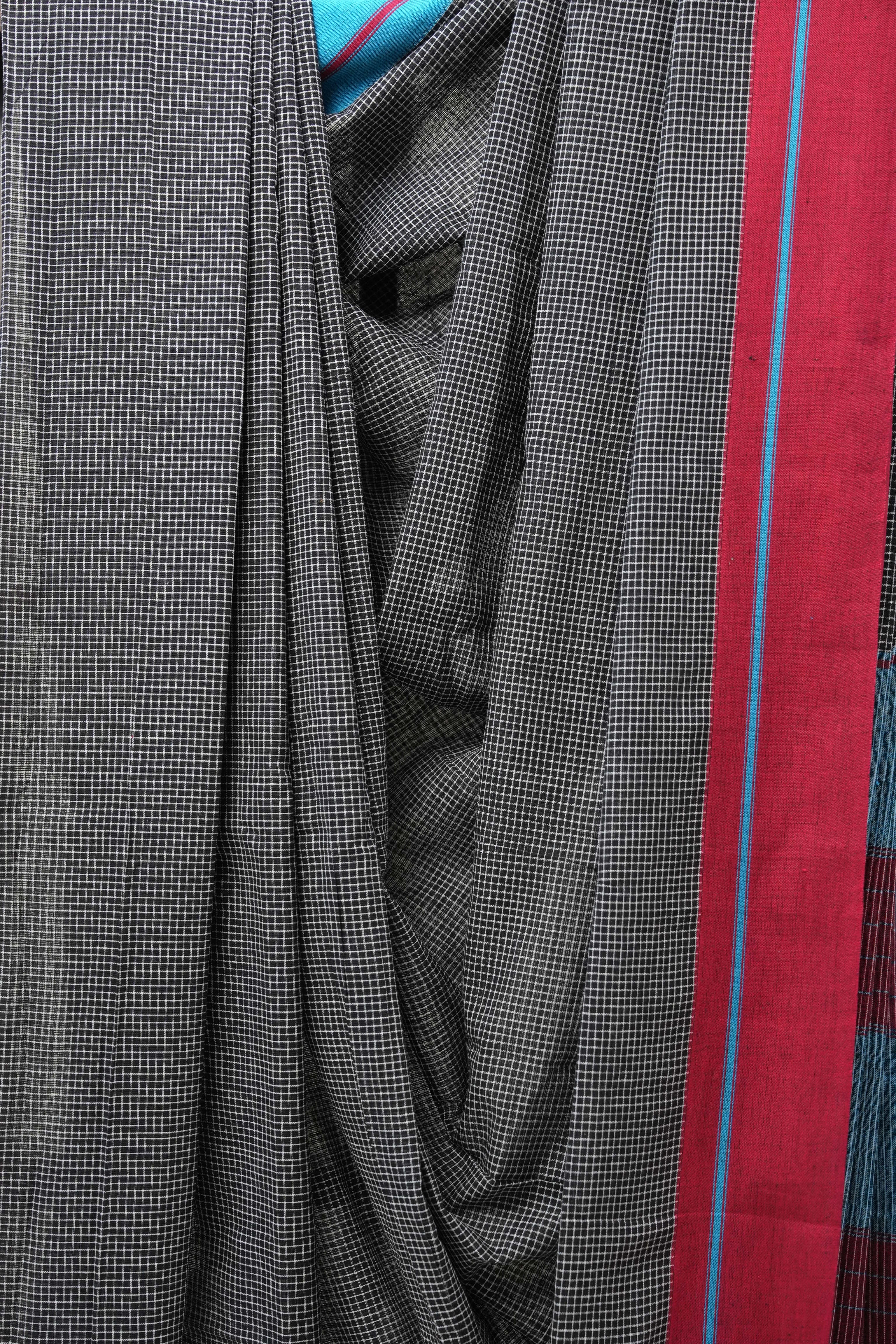 Black Small Checks Cotton Patteda Anchu Saree - SRBPAS258