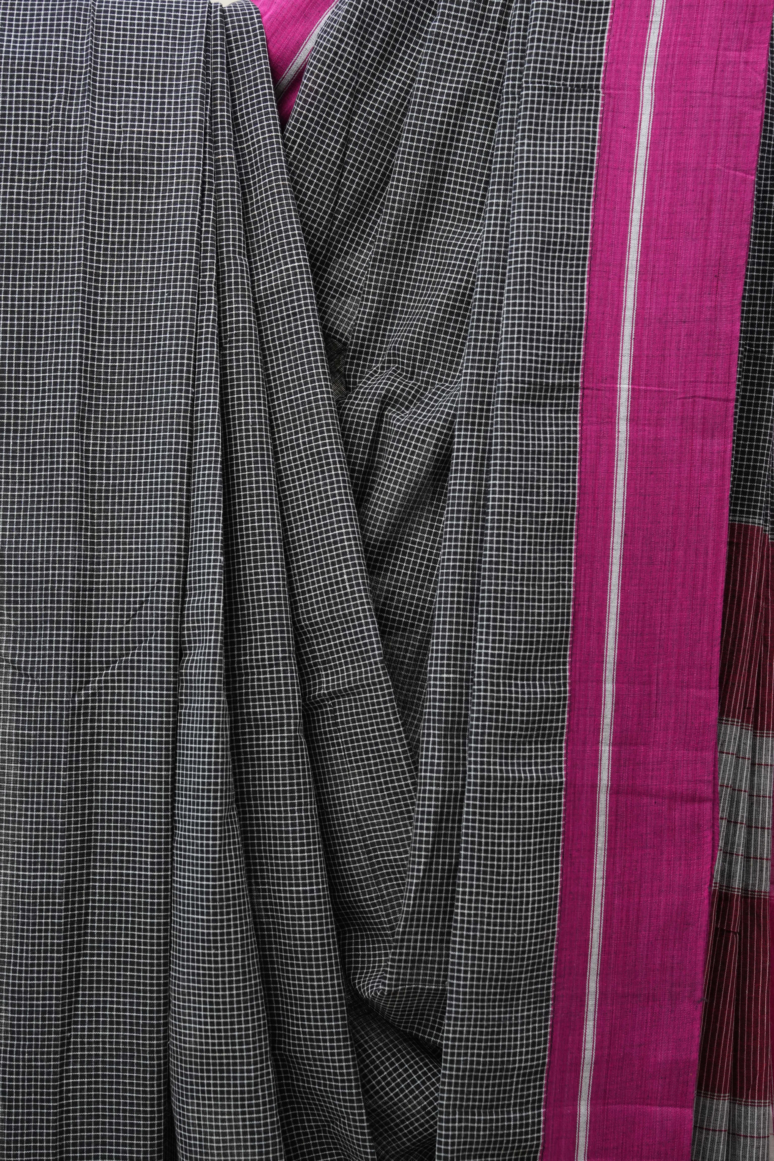 Black Small Checks Cotton Patteda Anchu Saree - SRBPAS260