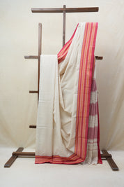 Off White Plain Cotton Patteda Anchu Saree - SROWPAS276