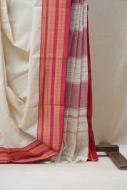 Off White Plain Cotton Patteda Anchu Saree - SROWPAS276