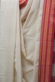 Off White Plain Cotton Patteda Anchu Saree - SROWPAS276