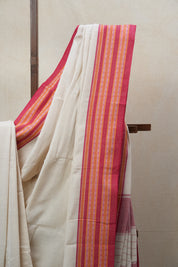 Off White Plain Cotton Patteda Anchu Saree - SROWPAS276