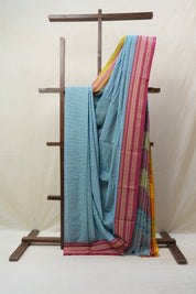 Sky Blue Big Checks Cotton Patteda Anchu Saree - SRSBPAS250
