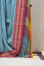 Sky Blue Big Checks Cotton Patteda Anchu Saree - SRSBPAS250