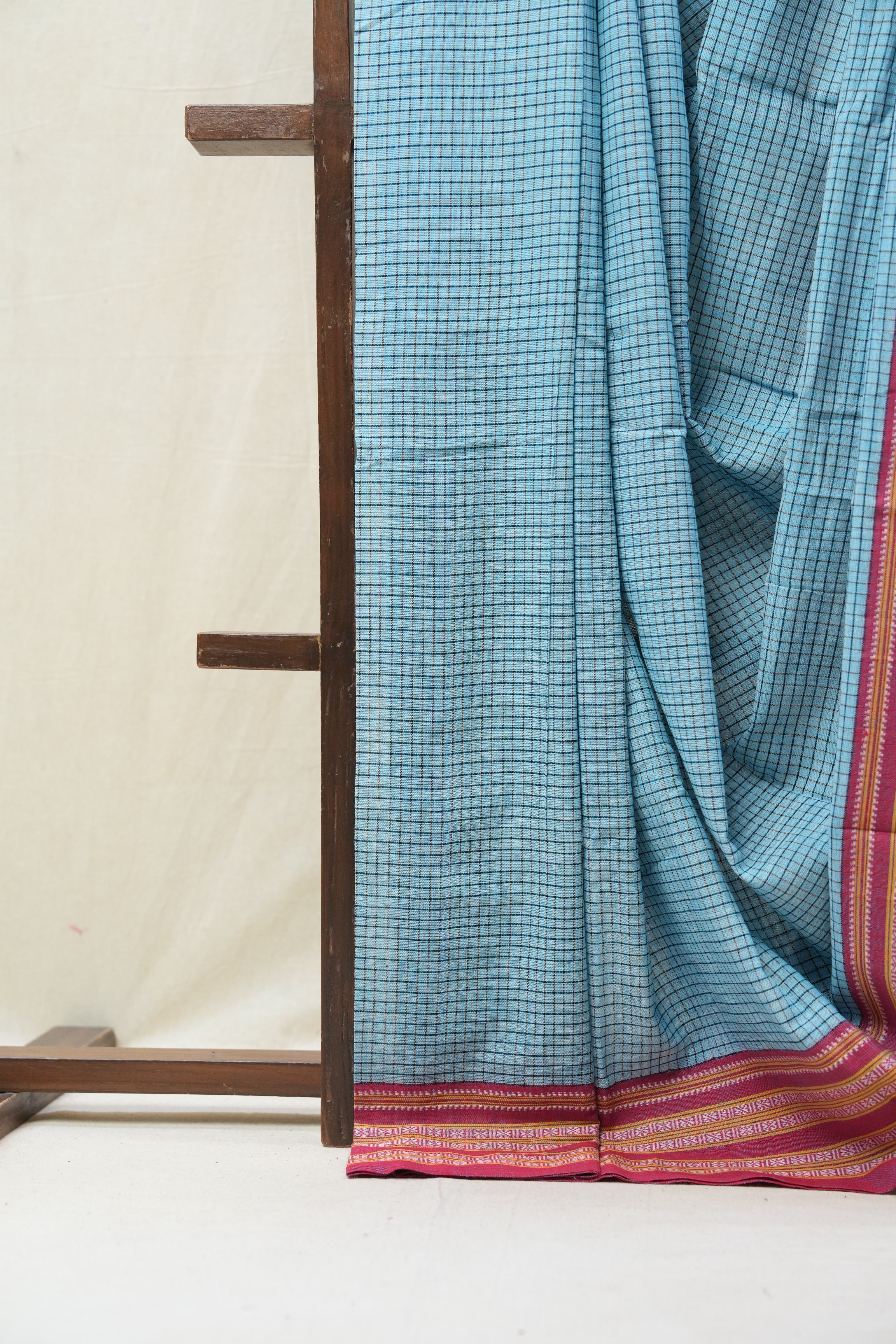 Sky Blue Big Checks Cotton Patteda Anchu Saree - SRSBPAS250
