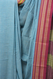 Sky Blue Big Checks Cotton Patteda Anchu Saree - SRSBPAS250