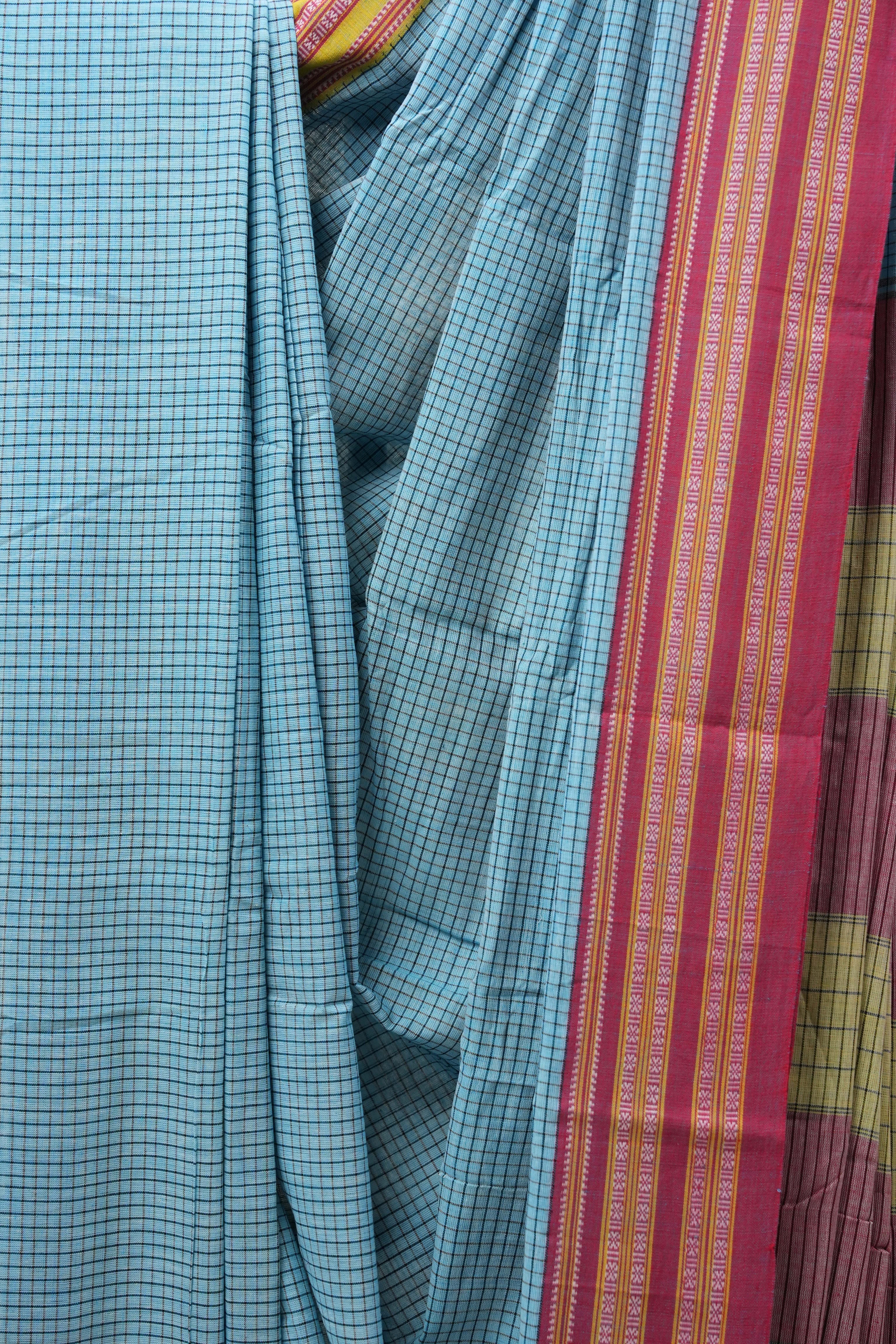 Sky Blue Big Checks Cotton Patteda Anchu Saree - SRSBPAS250