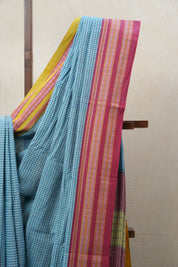 Sky Blue Big Checks Cotton Patteda Anchu Saree - SRSBPAS250