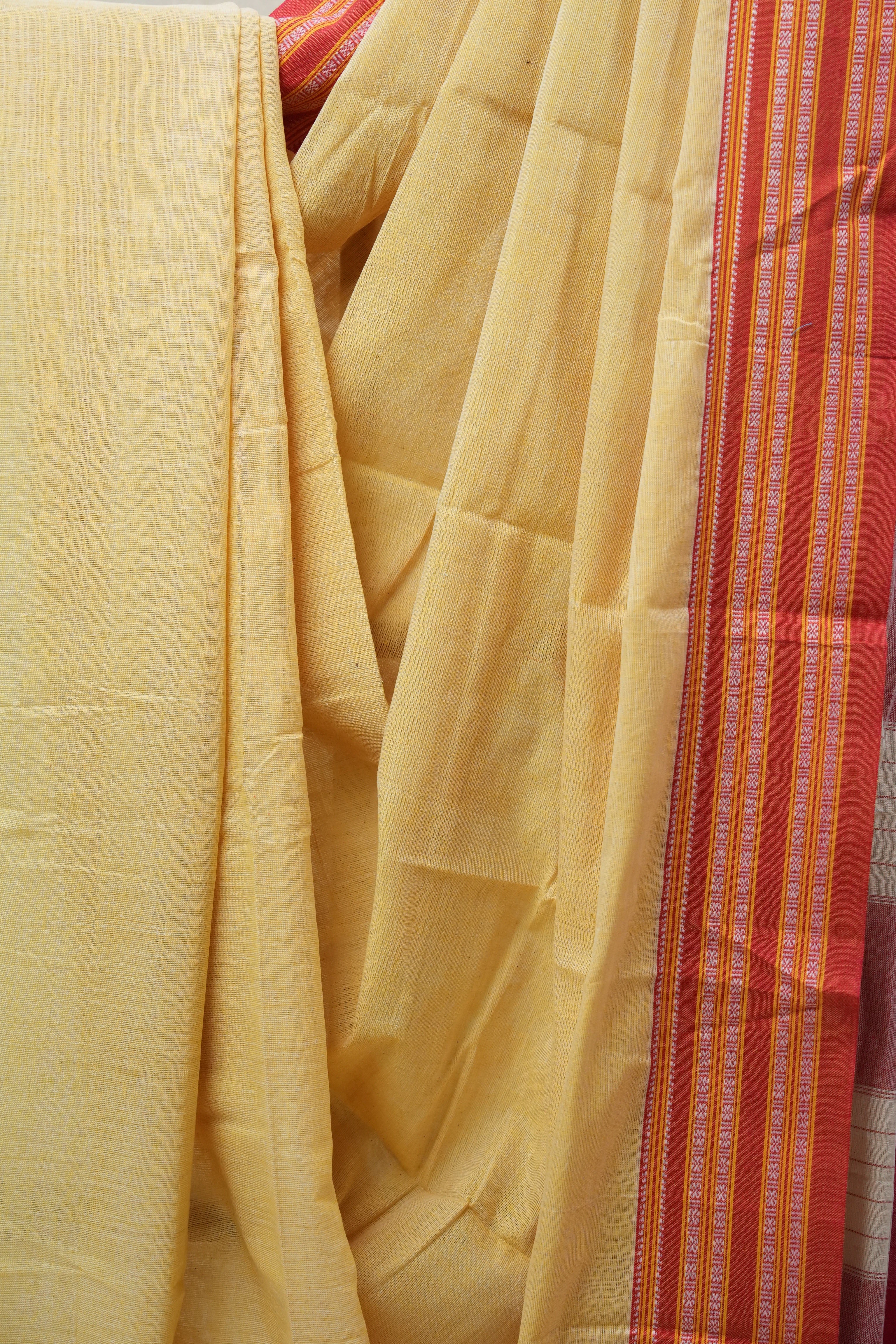 Pastel Yellow Plain Cotton Patteda Anchu Saree - SRPYPAS267