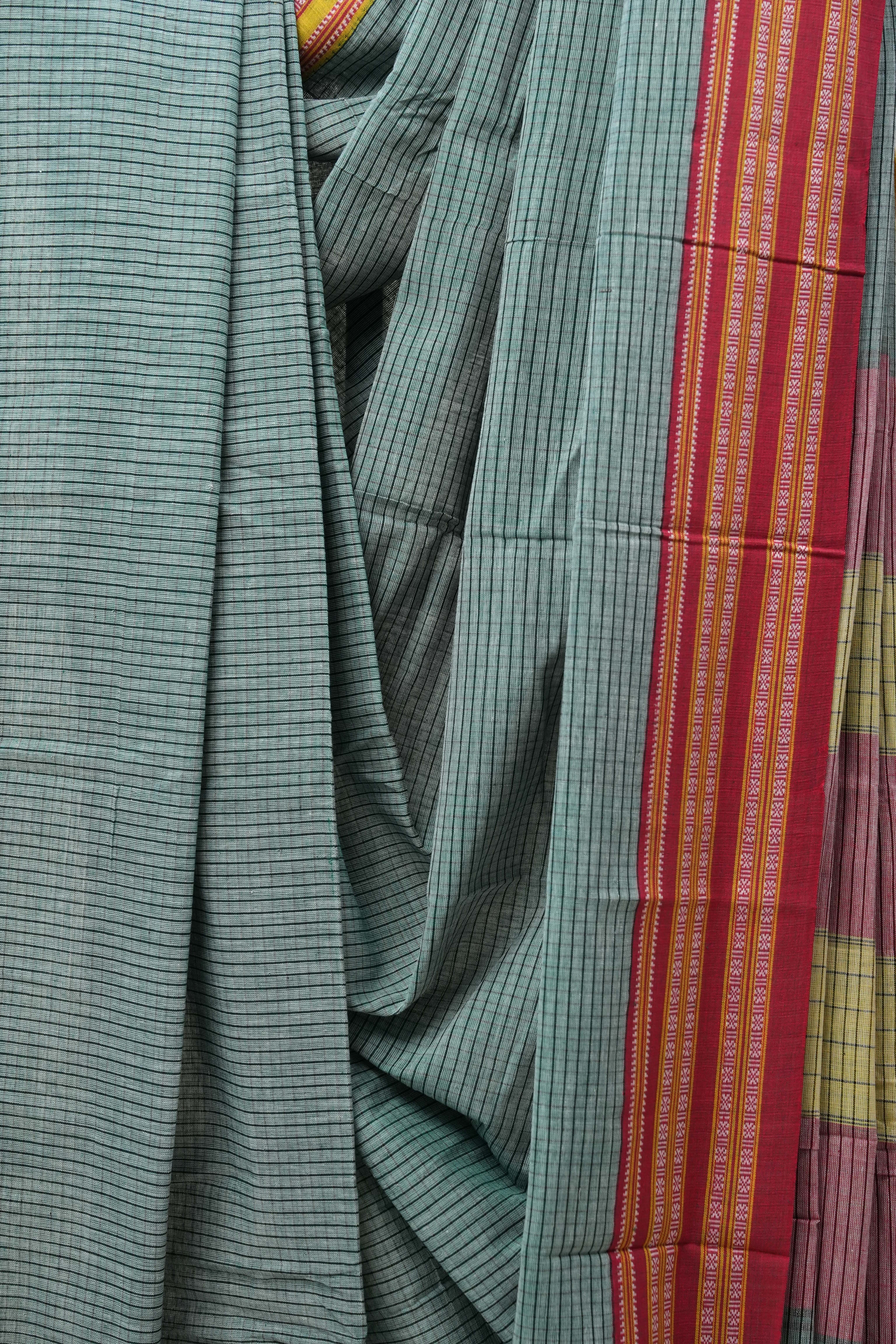 Sky Blue Small Checks Cotton Patteda Anchu Saree - SRSBPAS266