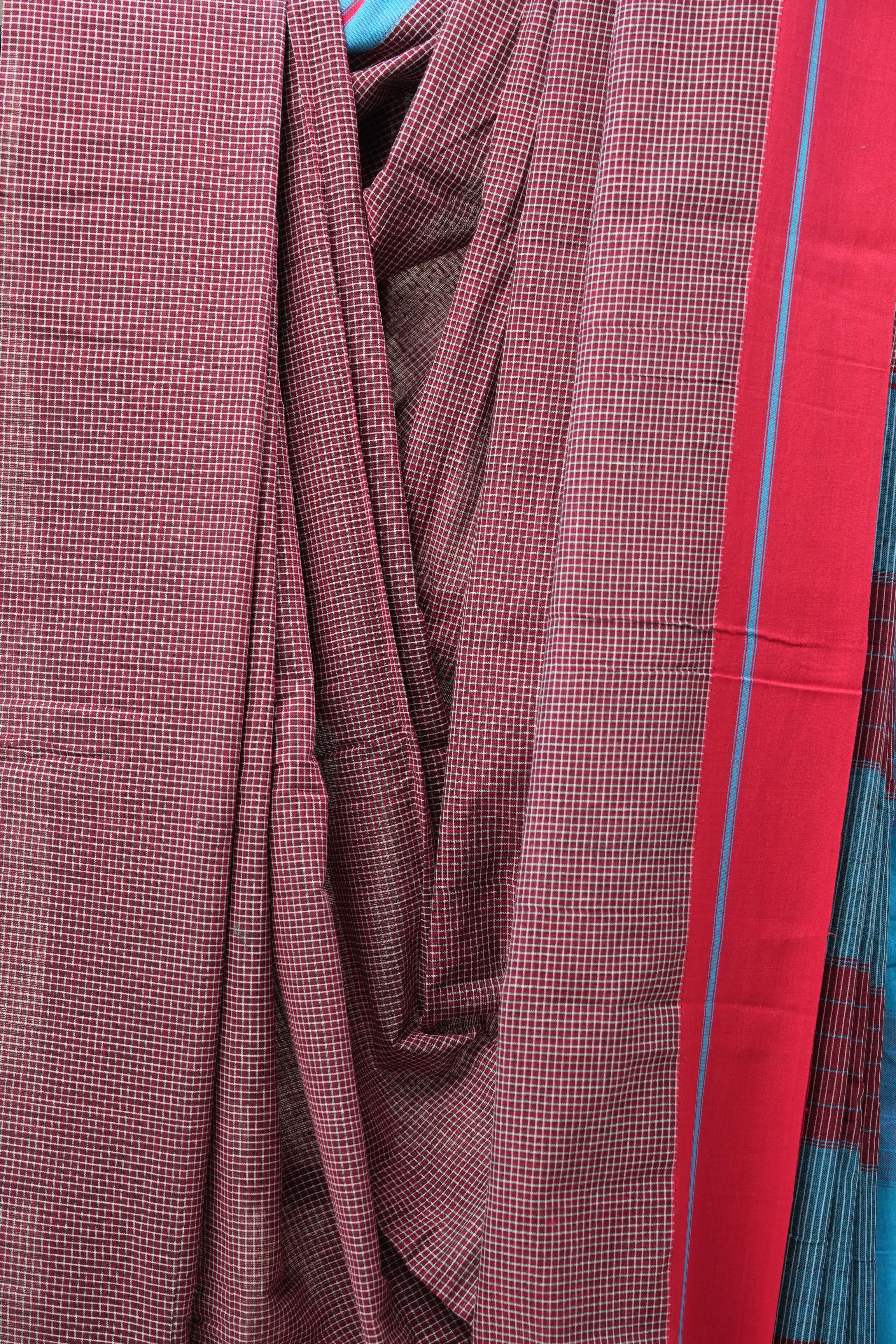 Maroon Small Checks Cotton Patteda Anchu Saree - SRMPAS275
