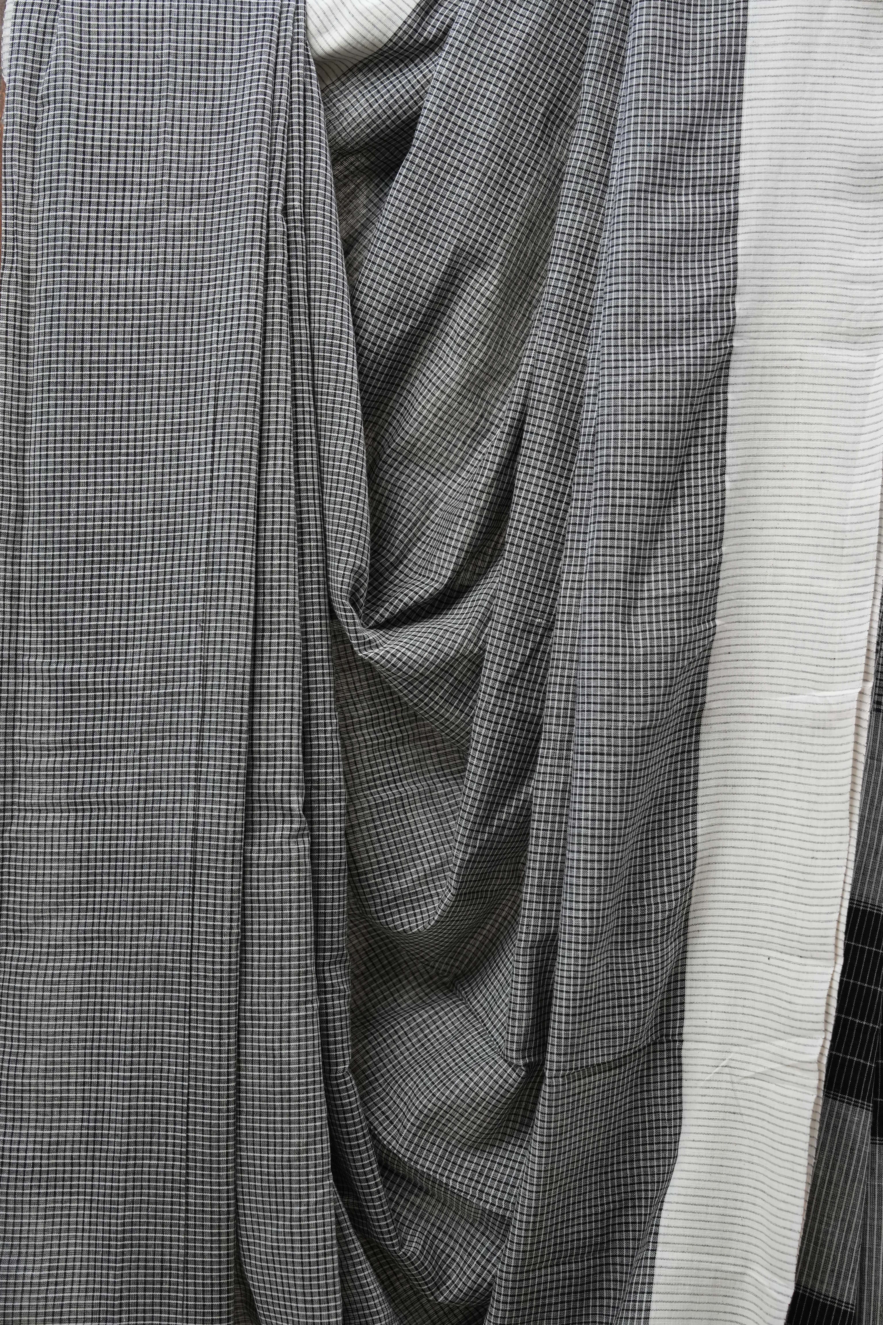 Grey Small Checks Cotton Patteda Anchu Saree - SRGPAS241