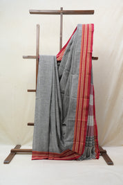 Grey Plain Cotton Patteda Anchu Saree - SRGPAS278