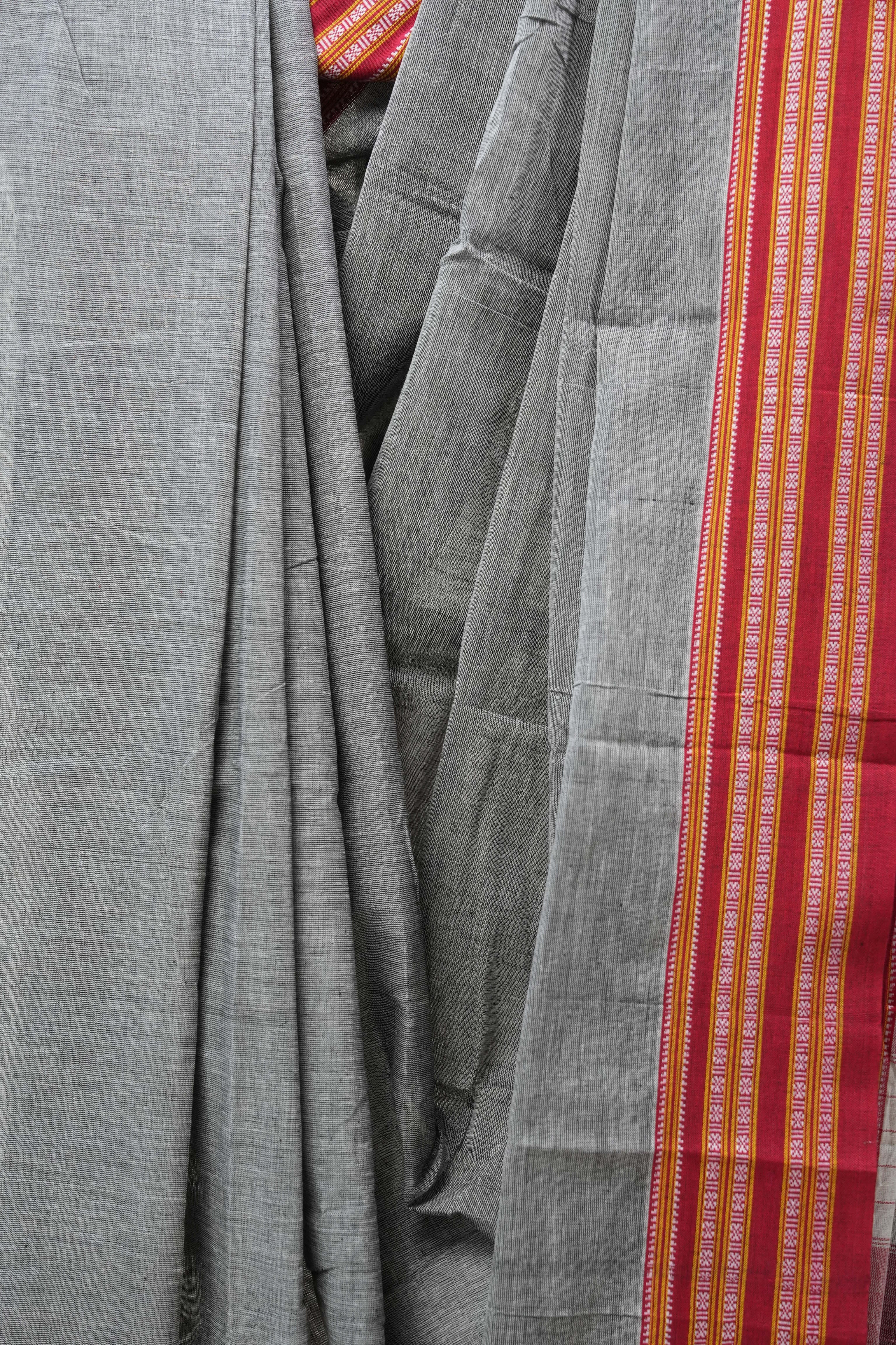 Grey Plain Cotton Patteda Anchu Saree - SRGPAS278