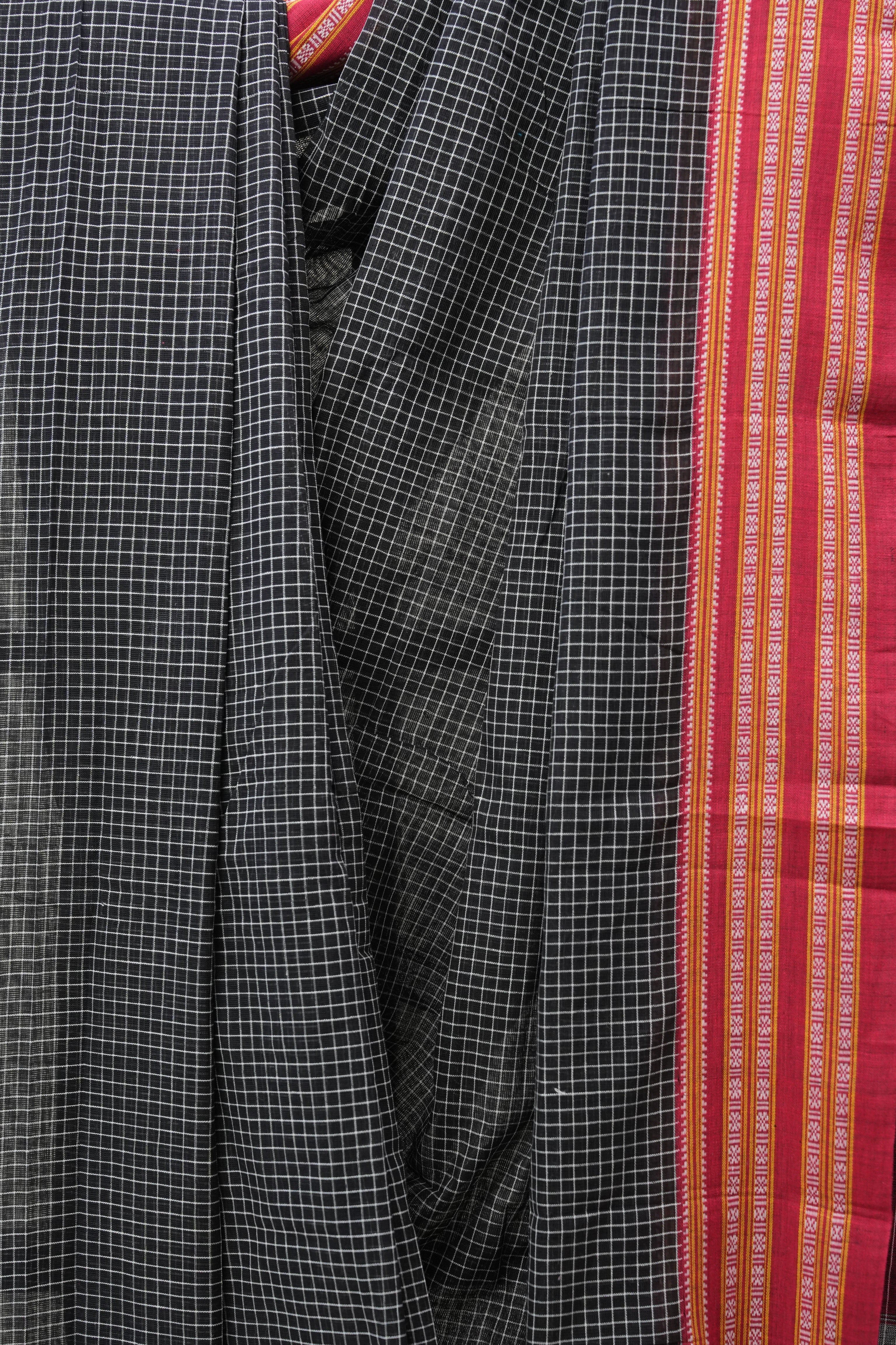 Black Big Checks Cotton Patteda Anchu Saree - SRBPAS255