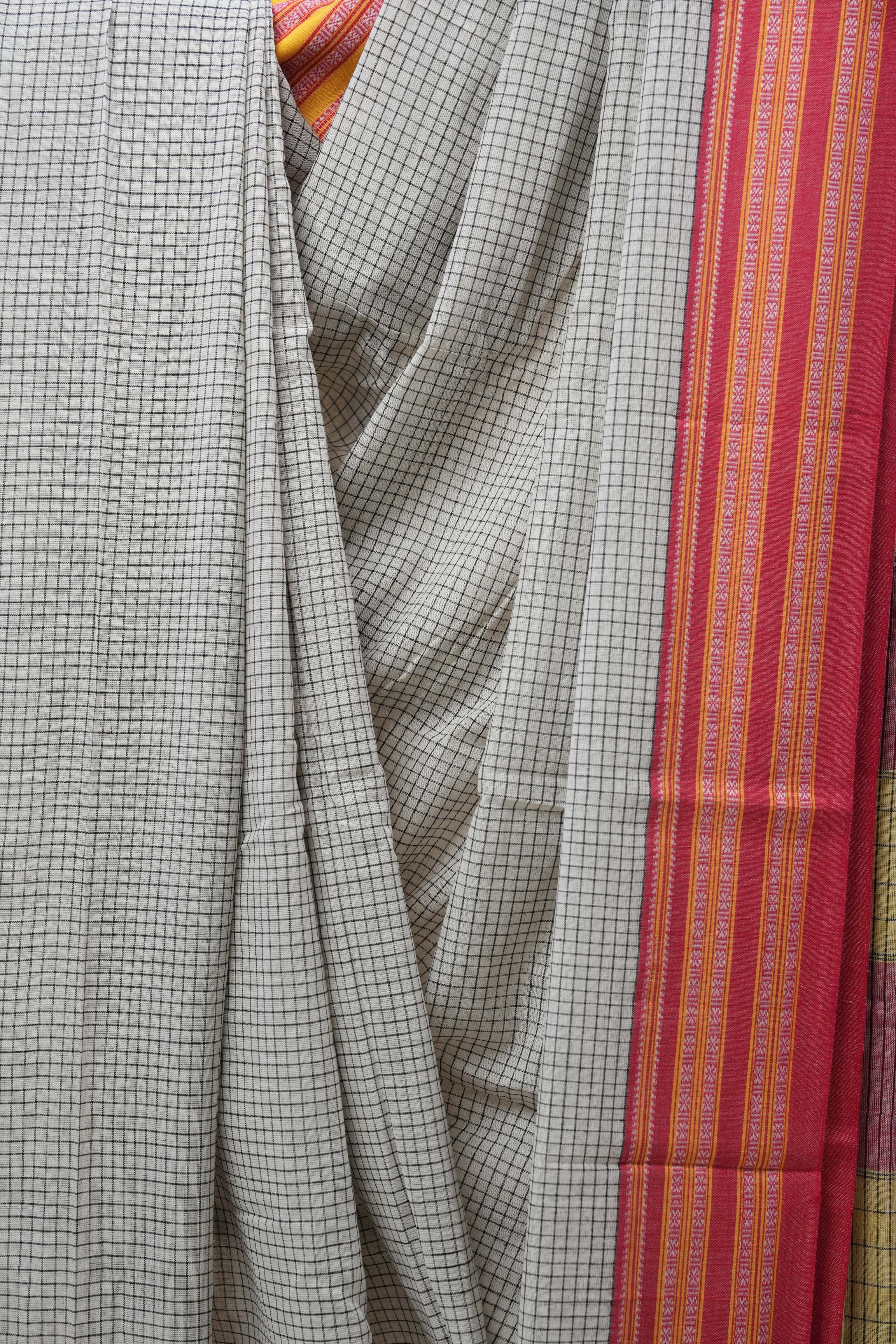 White Big Checks Cotton Patteda Anchu Saree - SRWPAS251