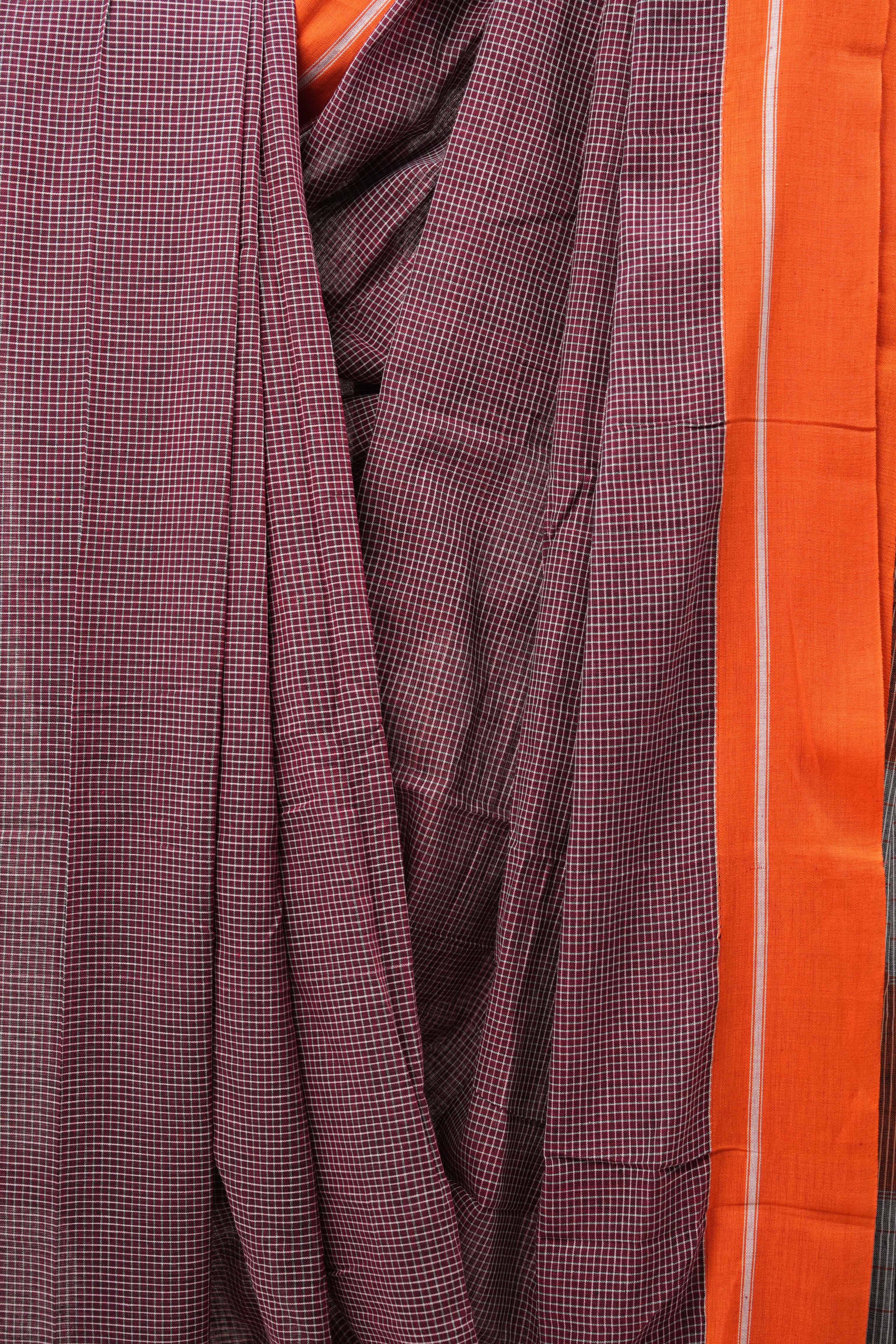 Maroon Small Checks Cotton Patteda Anchu Saree - SRMPAS259