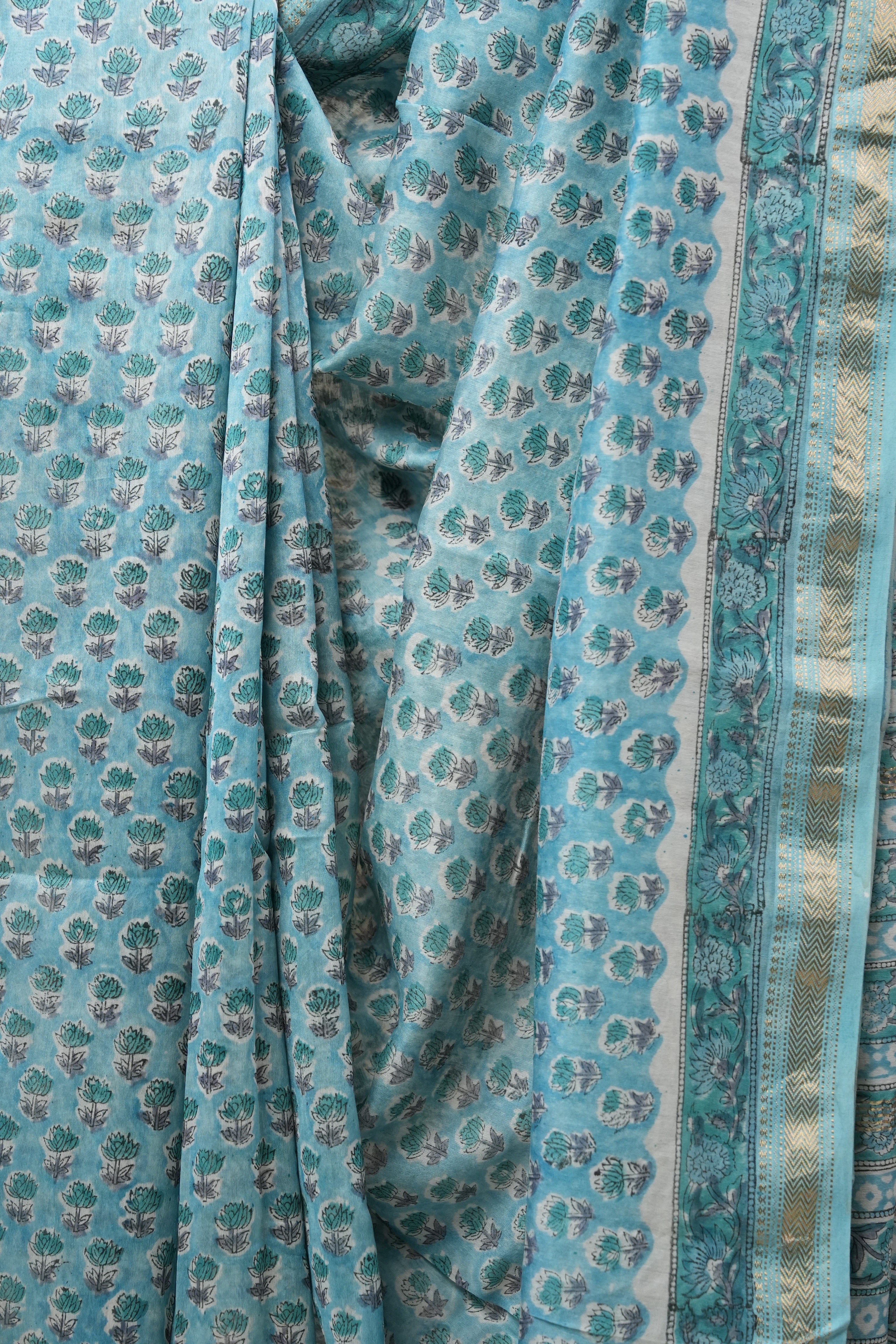 Sky Blue HBP Cotton Silk Saree With Maheshwari Border - SRSBCSS1236
