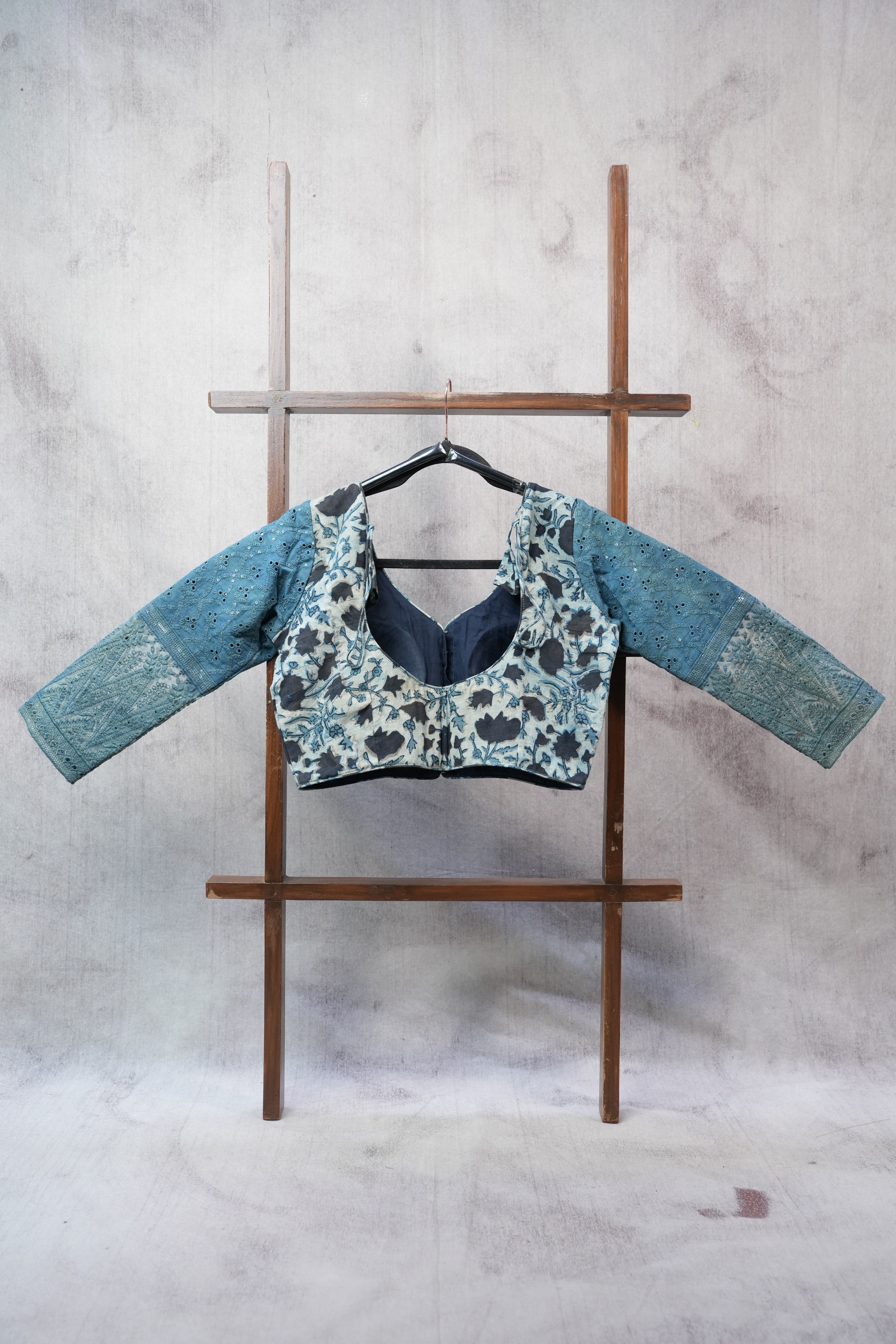 Indigo Full Sleeve Cotton Round-Neck Blouse - SRIRNB05