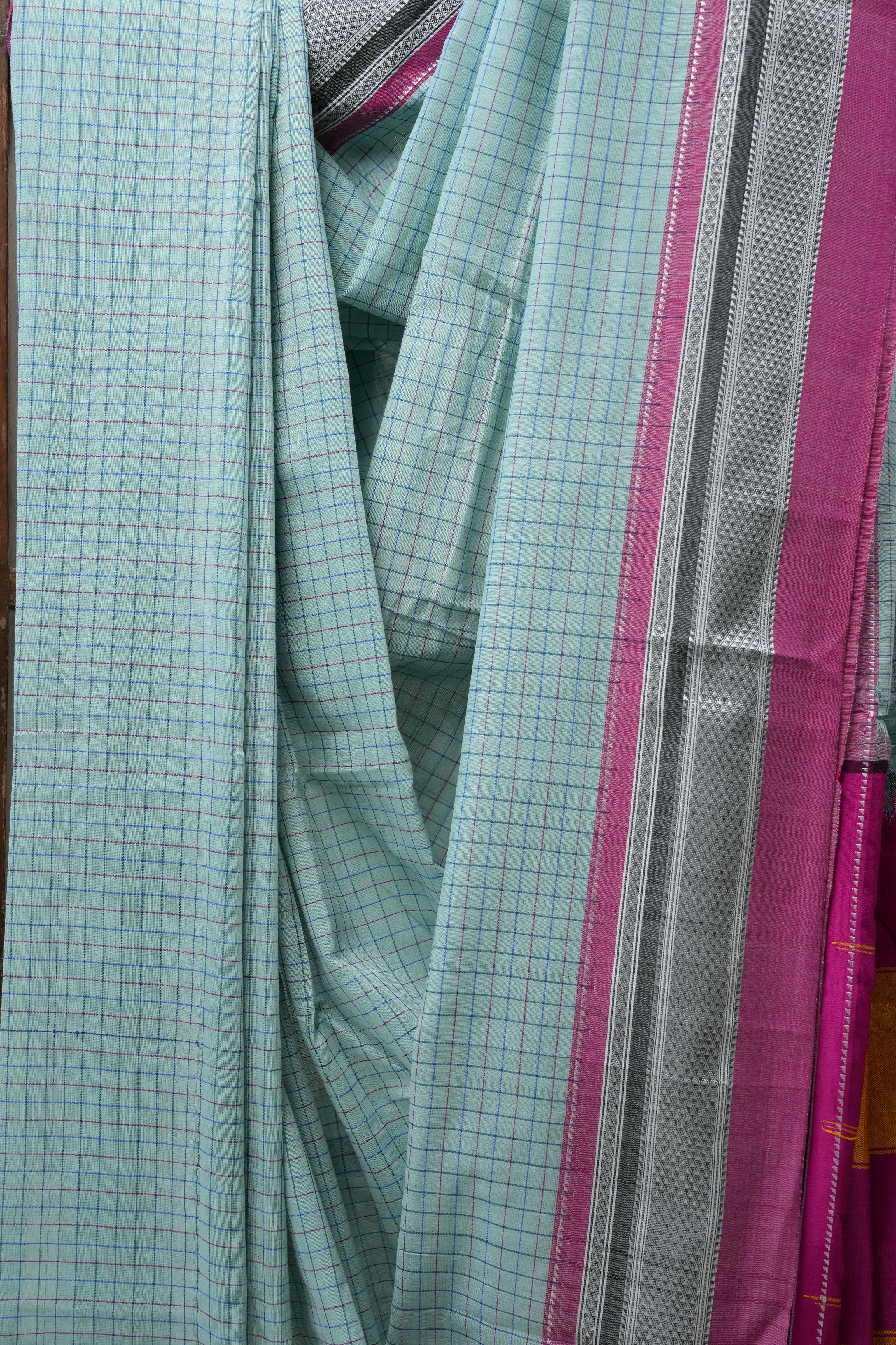 Aqua Blue Cotton Ilkal Saree with Chikki Border - SRABCIS611