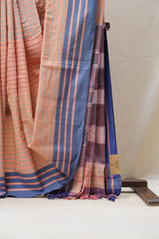 Peach Cotton Ilkal Saree with Stripe Border - SRPCIS626